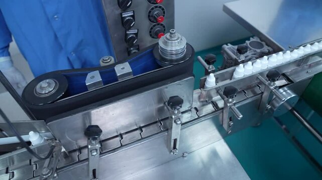 eye drop manufacturing. Ophthalmic drops solution, eye ear drop making process in factory. eye drop medicine in plastic bottles on conveyor belt. production of medical drops in a pharmaceutical line	