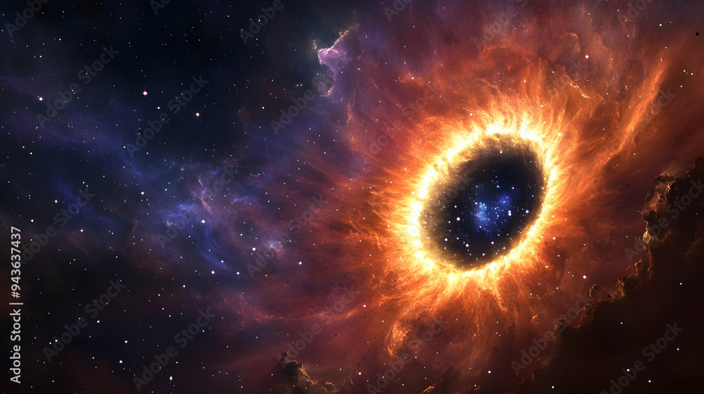 Poster a fiery ring of light forms around a cluster of stars in space.