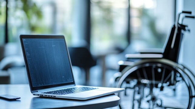 Digital disability insurance coverage displayed on a laptop with a wheelchair in the background.