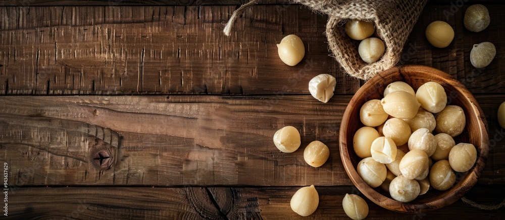 Poster macadamia nuts arranged beautifully on a wooden table with copy space image