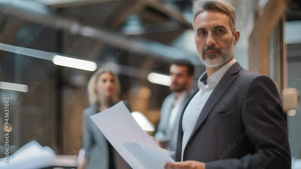Aufkleber confident engineer holding plans in a modern office with colleagues in the background. leadership an