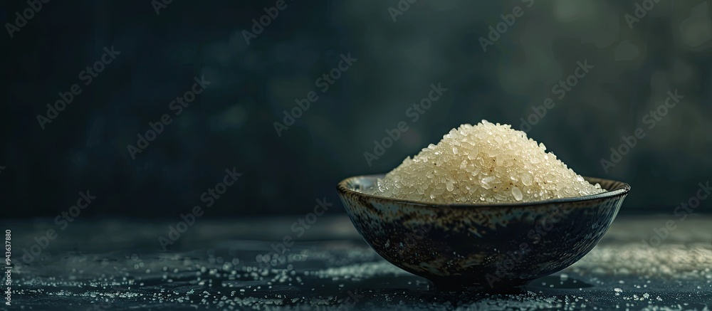 Aufkleber On a dark backdrop lies cane sugar in a bowl with a blurred background perfect for adding text or other elements in the unused space within the image. Creative banner. Copyspace image