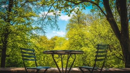 Naklejka premium Table with chairs before verdant trees in spring