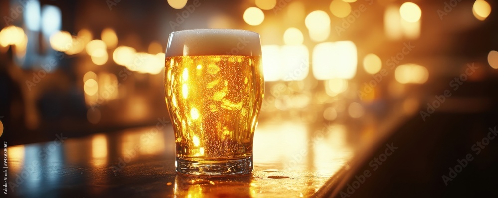 Poster close-up of a refreshing pint of beer on a bar counter illuminated with warm, cozy lighting creating