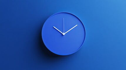 White analog clock on a light blue background. A large, royal blue circle on a dark royal blue background. 