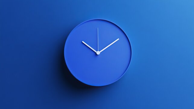 White analog clock on a light blue background. A large, royal blue circle on a dark royal blue background. 