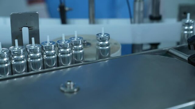 asthma inhaler pharmaceutical canisters containers in production line. inhaler manufacturing. canister making process in a factory. asthma medicine in metal bottles on a conveyor belt. Pharma product