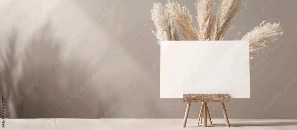 Aufkleber aesthetic postcard mockup displayed on a wooden stand with delicate pampas grass perfect for greetin