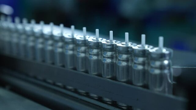 asthma inhaler canisters containers in production line. inhaler manufacturing. canister making process in a factory. asthma medicine in metal bottles on a conveyor belt. Pharmaceutical product	