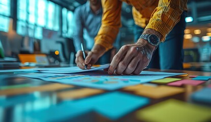 Obraz premium Close-up of hands and papers on a table, people working together in a creative office with colorful stickers and mind maps. 