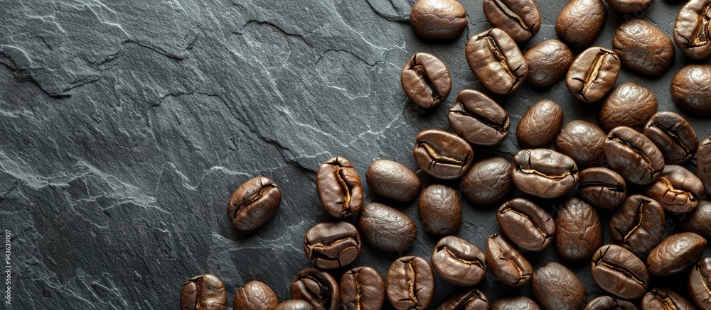 Aufkleber a top view closeup of freshly roasted coffee beans on a black stone background providing ample copy 