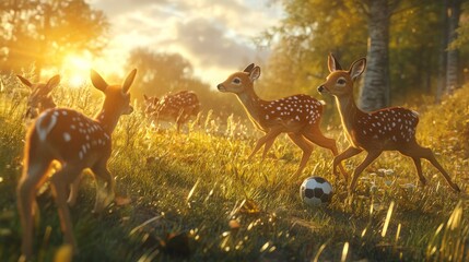 Naklejka premium A team of deer playing soccer in a meadow, kicking the ball between tall grasses and trees.