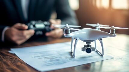 Drone insurance policy being signed, focusing on the document and drone model, emphasizing the importance of securing coverage for aerial vehicles and legal aspects of finalizing insurance agreement.