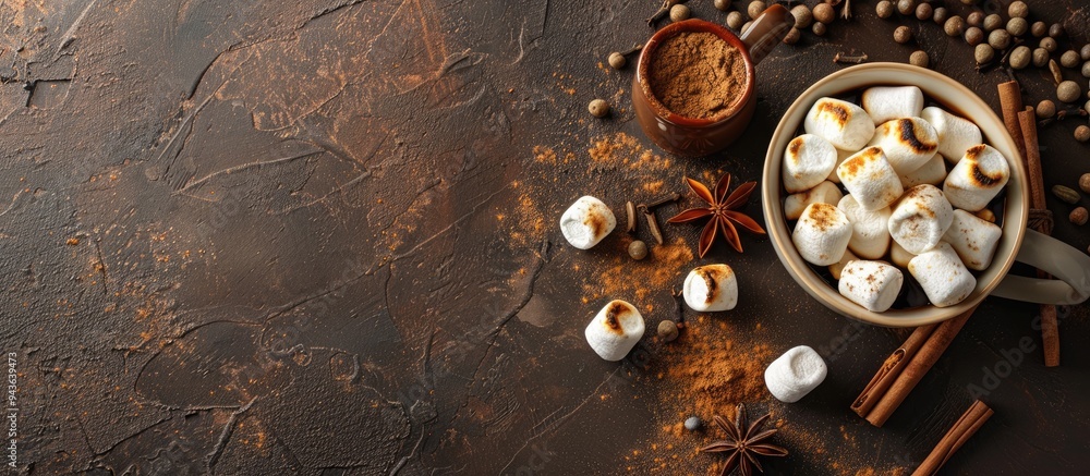 Poster copy space image of toasted marshmallows with mug and spices on a dark brown backdrop