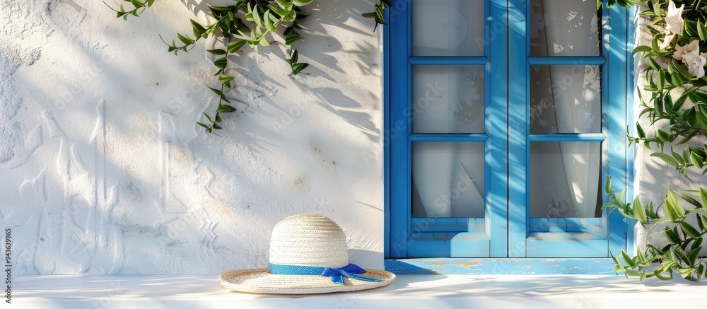 Poster white table displaying a summer hat with a greek home interior background offering ample copy space 