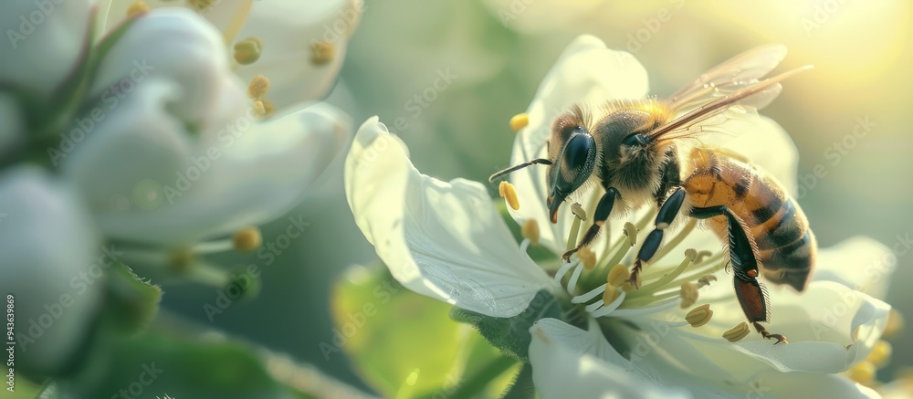 Poster bee gathering nectar from a white flower in a close up copy space image
