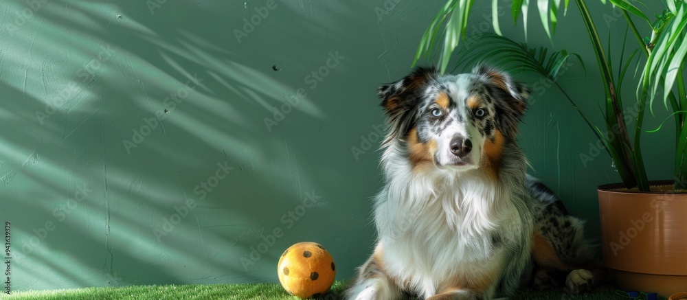 Poster australian shepherd dog sitting next to a green wall with a toy displaying an adorable fluffy appear