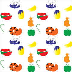 FruitA playful vector pattern featuring various fruits like apples, bananas, grapes, oranges, watermelons, and pineapples, along with ice cream and candy. Ideal for summer-themed projects, kids' produ