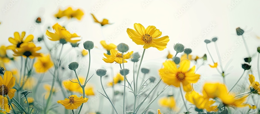 Poster close up of yellow flowers on white backdrop with copy space image available