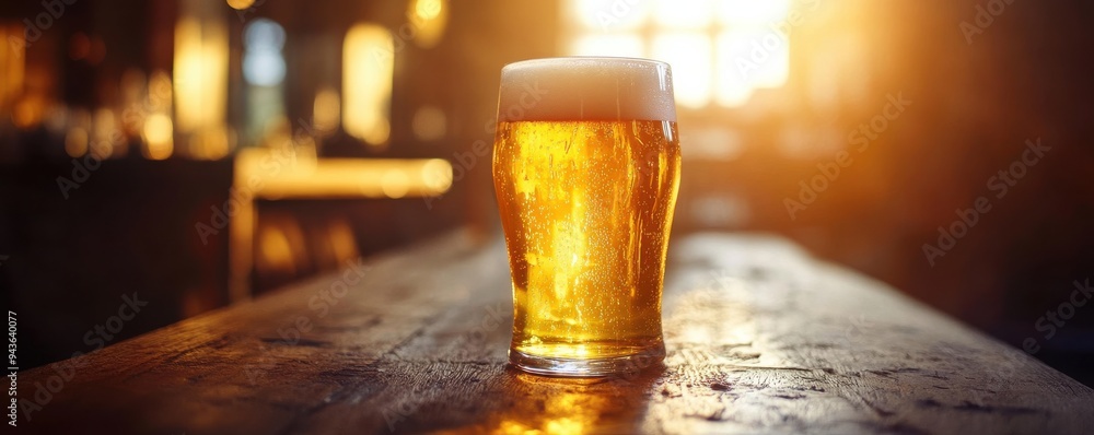 Poster close-up of a beer glass set on a rustic table with warm sunlight creating a cozy atmosphere in a pu