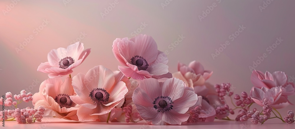 Poster a romantic composition featuring fragile anemone peony blooms on a bright backdrop ideal for a weddi