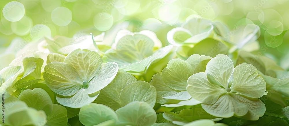 Poster background material surrounding a copy space image featuring delicate light green hydrangea petals