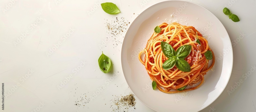 Poster A packshot of spaghetti topped with basil on a white plate ideal for articles recipe books and design projects with copy space image