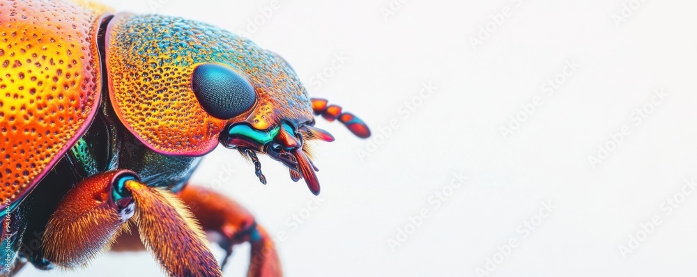 Poster close-up of a beetle's shell displaying vibrant colors and intricate textures, showcasing the beauty