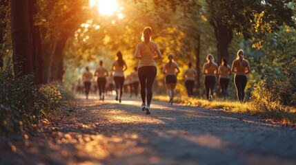 An outdoor prenatal fitness session with pregnant women doing light jogging and stretching, guided by a professional trainer, emphasizing healthy pregnancy routines.