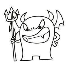 Black and white illustration of a devil monster with bat wings and a trident, coloring page