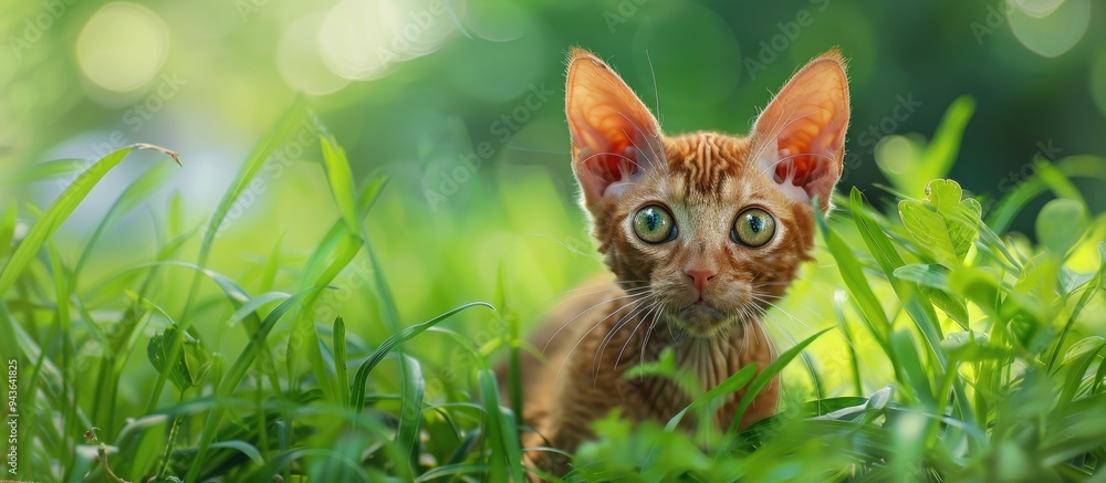 Poster a playful inquisitive english breed devon rex kitten with red fur exploring green grass ideal for a 