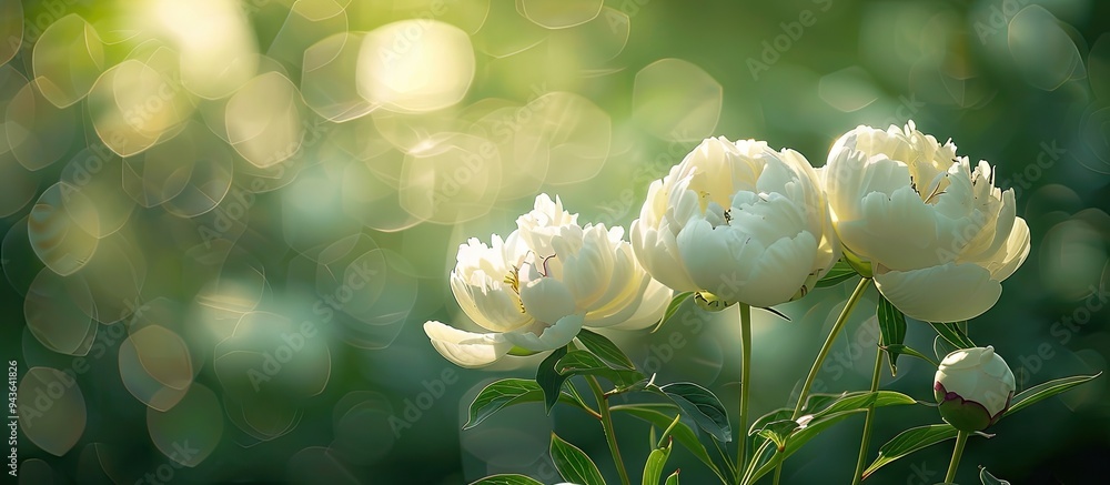 Poster close up of blooming white peonies in a spring garden with a green natural background creating a bea