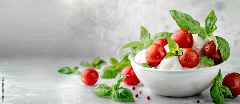 Poster close up photo of tasty burrata cheese tomatoes and basil on a bright table with copy space image av