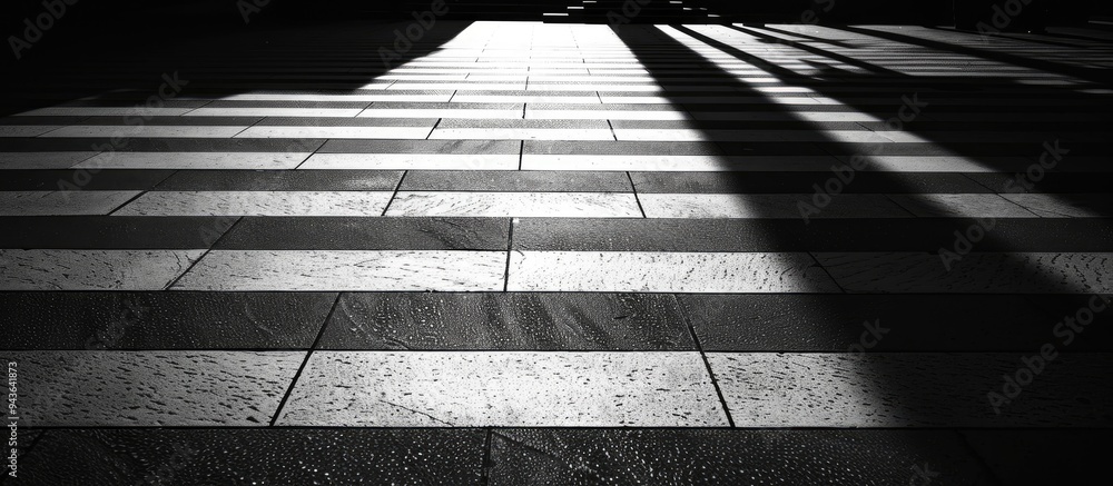 Poster monochrome tones form long geometric lines in a shadow pattern on the pavement creating an abstract 