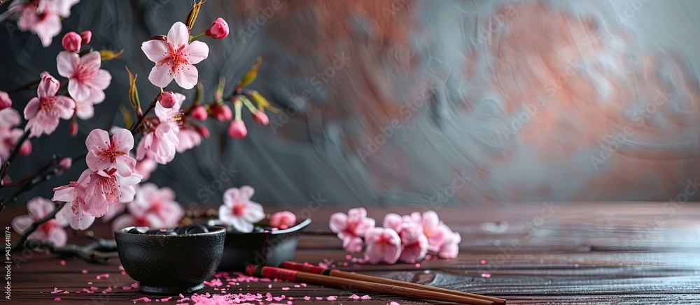 Poster cherry blossom branch and chopsticks on table showcase japanese food culture with ample copy space i
