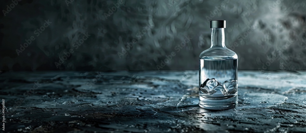 Poster Closeup of a bottle of vodka on a dark table with ample copy space for text or images