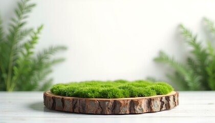 natural style. Wooden saw cut, round podium with green moss on a white background. Still life for the presentation of products. Blurred foreground
