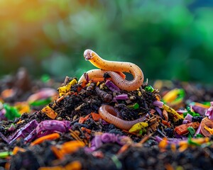 Vibrant Earthworm Emerging from Decomposing Organic Compost with Copy Space