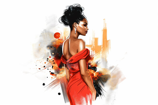 Stylish illustration of a young African American woman in an elegant evening gown, rendered in fashion sketch style