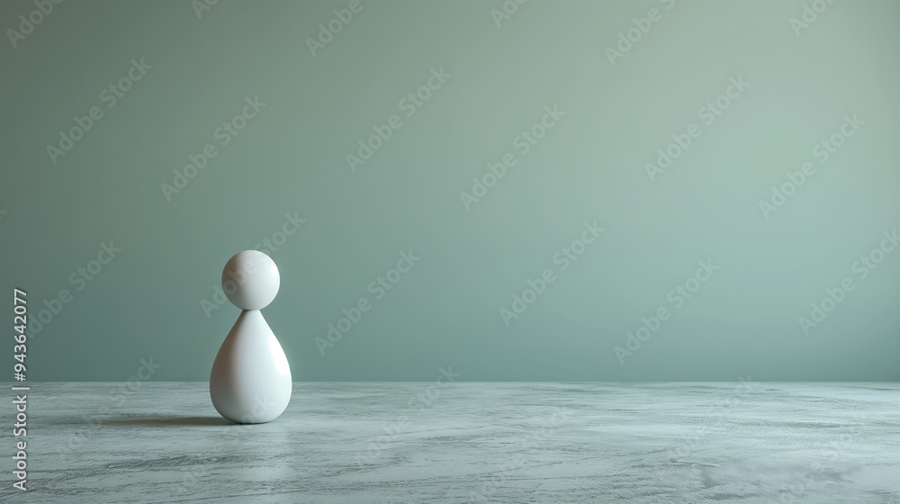 Poster a white statue of a person is standing on a grey floor. the statue is small and has a round shape. t
