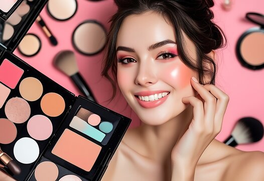 Makeup artist joyfully live streams beauty tutorial, sharing tips using a makeup palette.