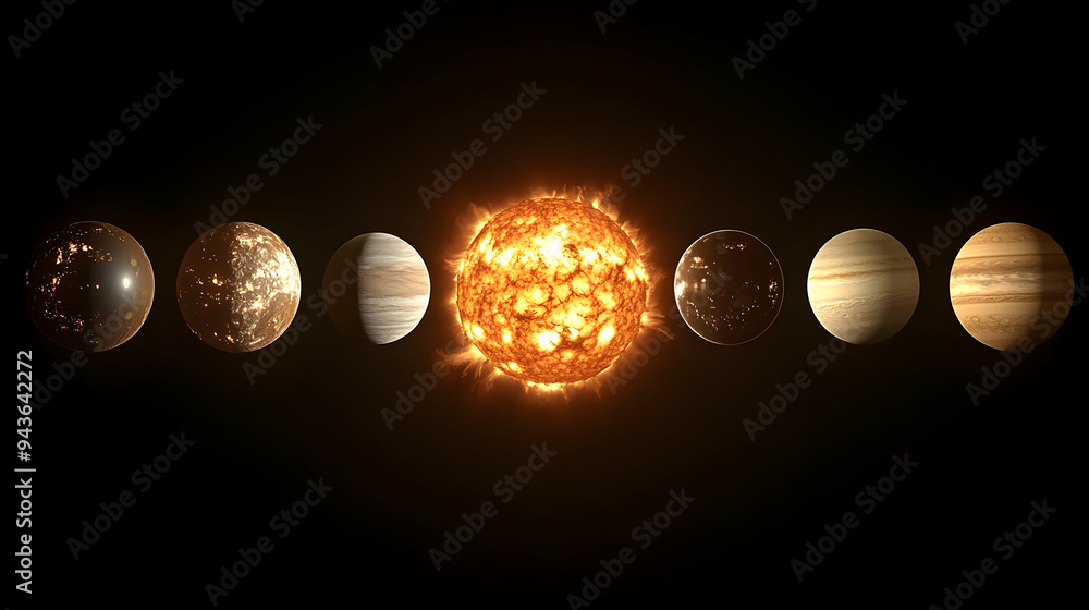 Poster a fiery sun dominates a star system, surrounded by multiple planets, some with visible clouds and ma
