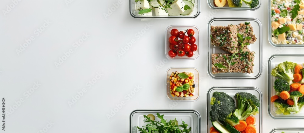 Leinwandbilder glass containers with various healthy meals beautifully arranged on a white background in a flat lay