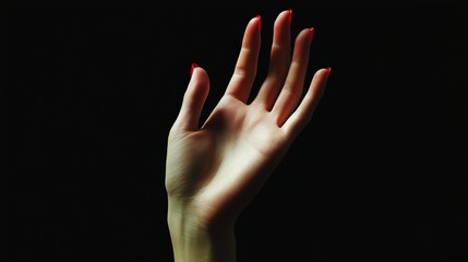Fototapeta premium Elegant outstretched hand with polished nails against a dark background, showcasing artistic human expression and beauty