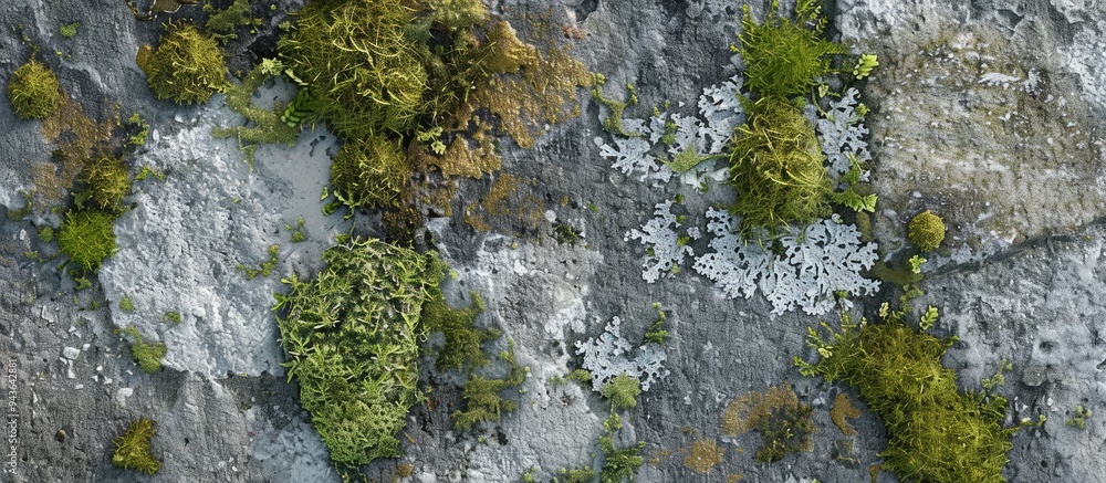 Poster Close up view from above showing the detailed texture of stone with moss and lichen ideal for a wallpaper with copy space image