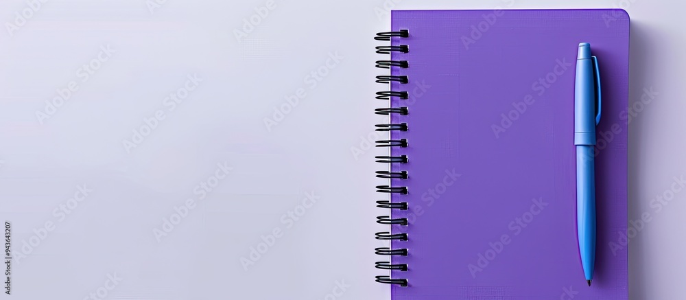 Poster purple notebook and blue pen viewed from above on a white background making it suitable for school o
