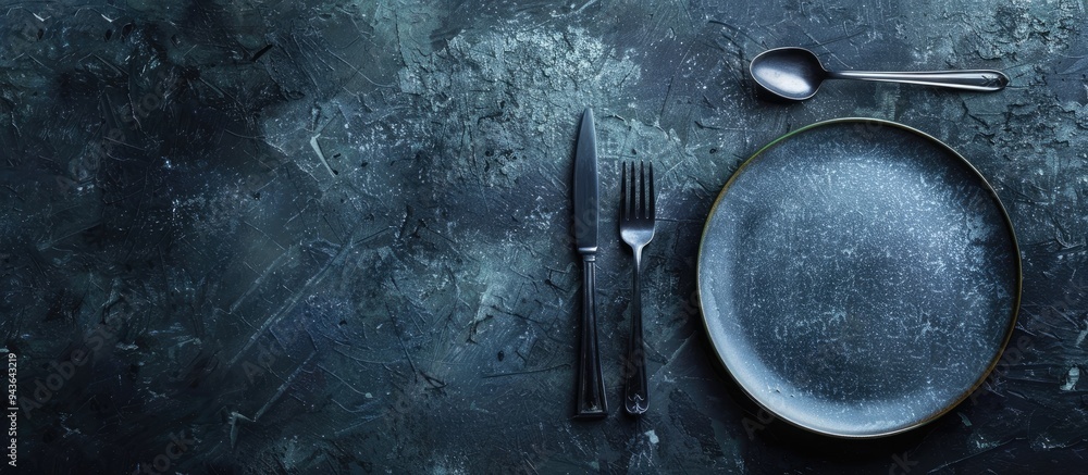 Poster dark textured concrete background with an empty ceramic round plate set for dinner accompanied by cu