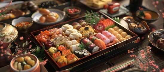 Fototapeta premium View beautiful traditional Japanese Osechi dishes presented individually in a copy space image
