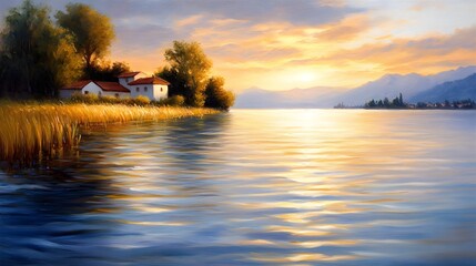 Fototapeta premium A small village at the water's edge, delicate ripples in the lake, oil painting, flowing brushstrokes, warm evening light, soft, calming colors.