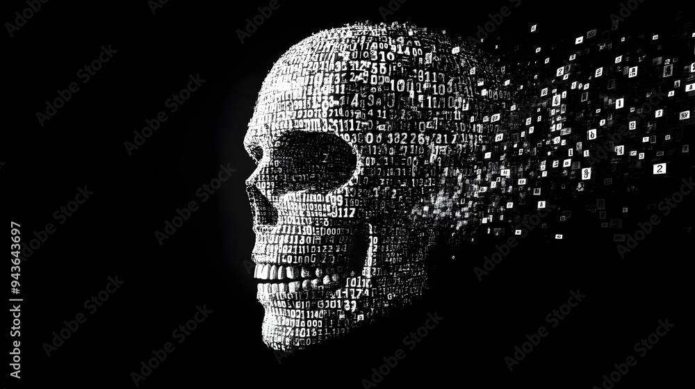 Poster disintegrating skull in glitchy cyberspace - abstract digital fractal texture